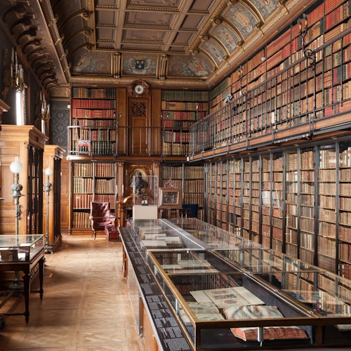 一座宏伟的图书馆，拥有高大的书架、玻璃展示柜、木制家具和精美天花板细节。