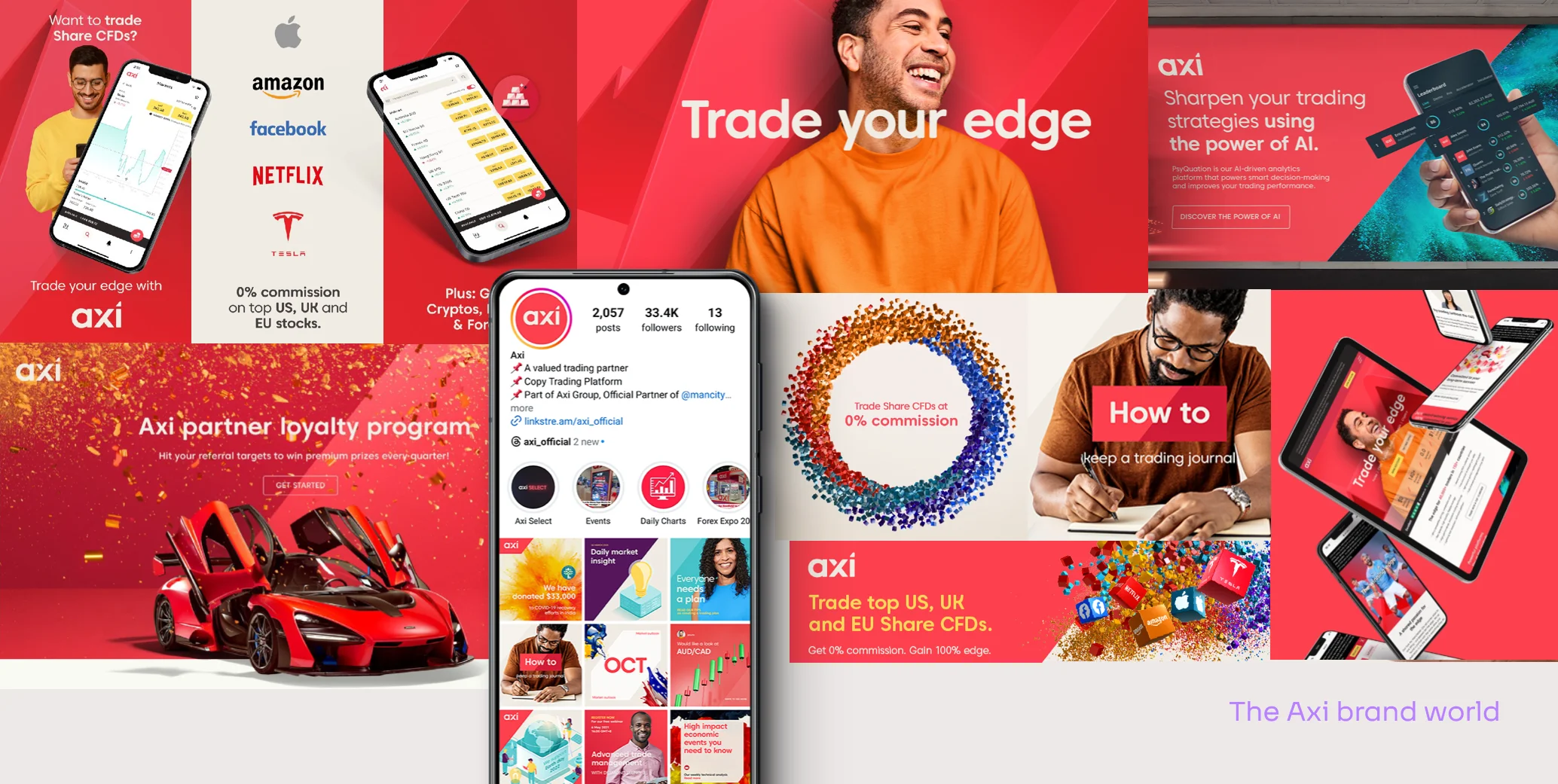 Collage of various applications of the Axi brand world creative and messaging
