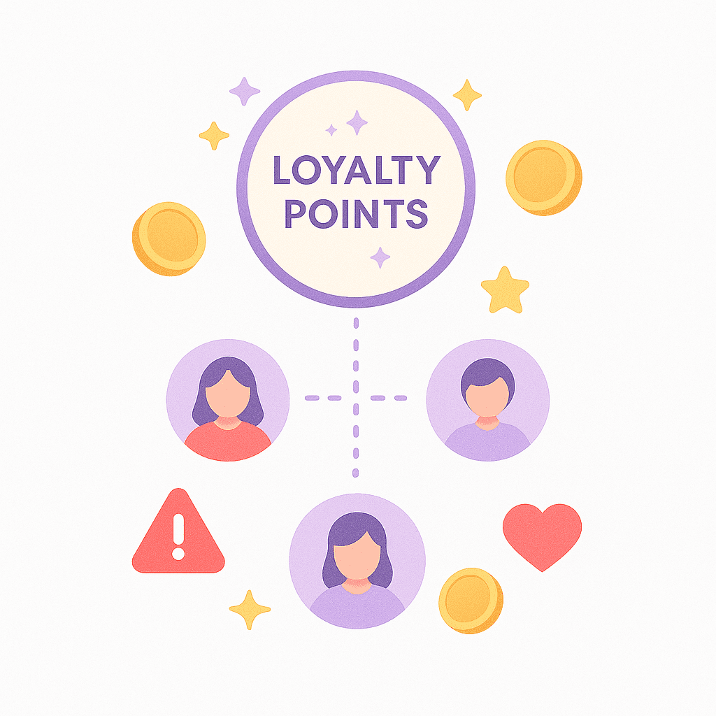 Flat illustration of a central “Loyalty Points” badge surrounded by customer avatars, warning and heart icons, and floating gold coins and stars on a white background.