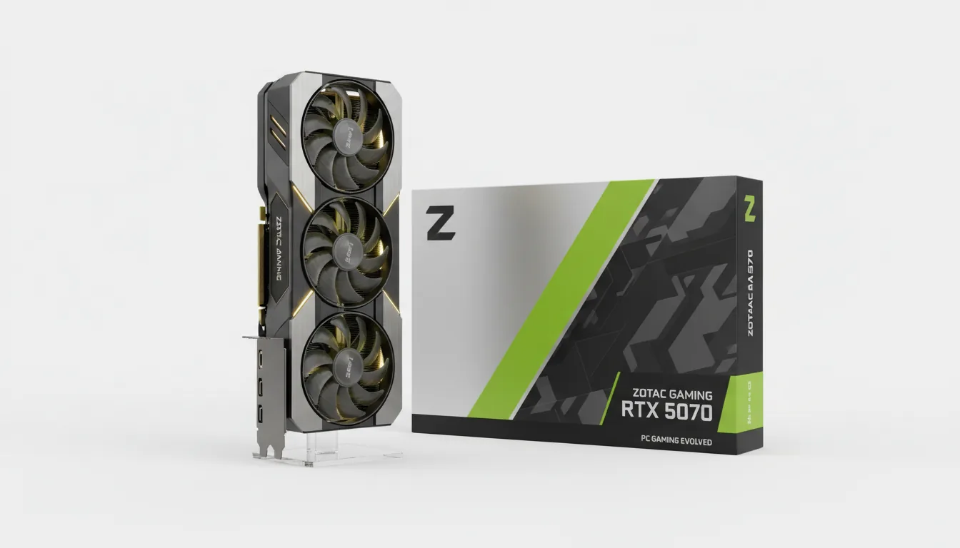 3D product render of a futuristic ZOTAC GAMING GeForce RTX 5070 graphics card and its retail box, clean studio composition, Blender style. The triple-fan graphics card stands vertically, showcasing a black and gunmetal shroud with gold accents. Next to it, the silver and black product box is angled, featuring a bold lime green stripe and abstracted gaming branding. Soft global illumination on a pure white background, showcasing matte plastic and brushed metal textures.