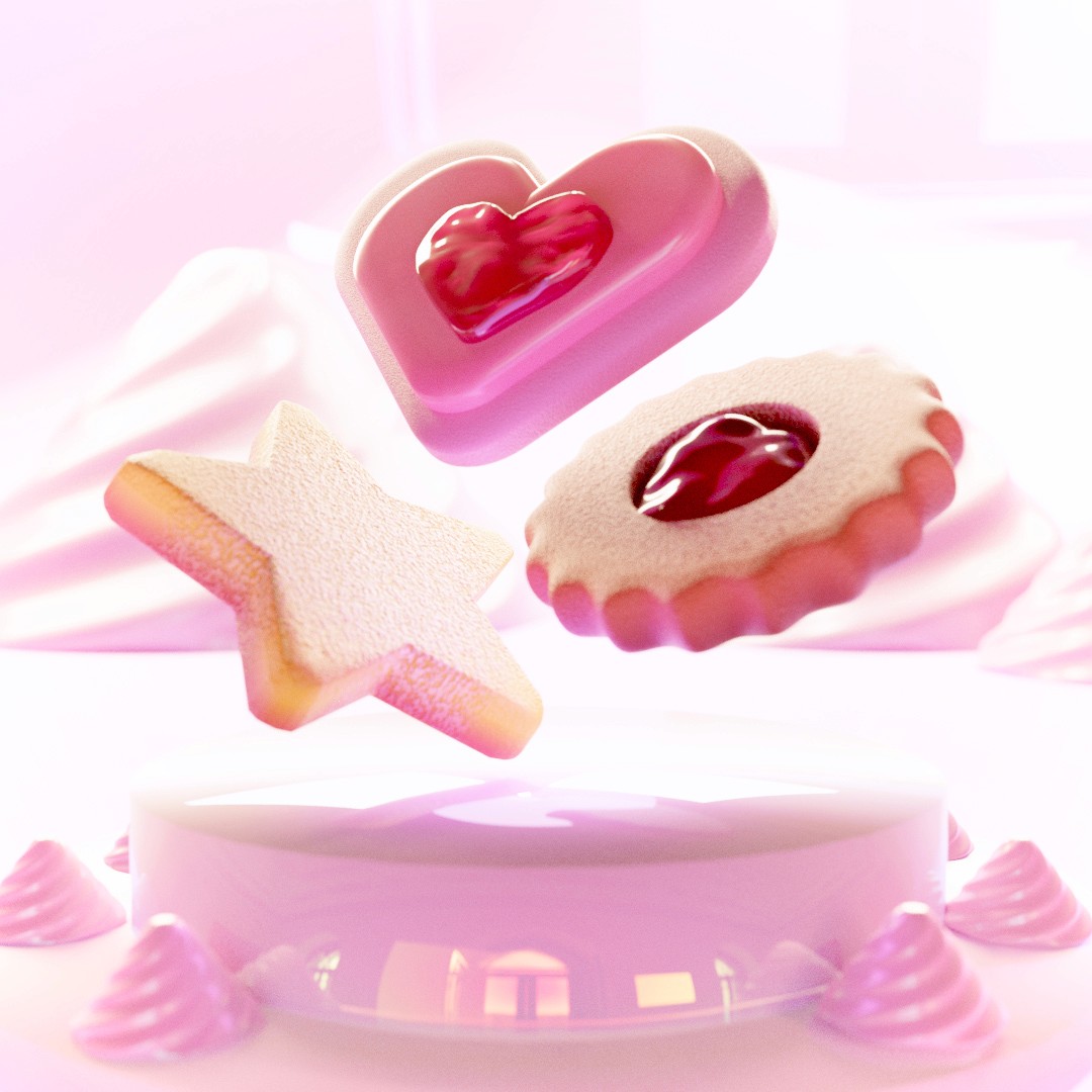 Three colorful, heart-shaped candies in shades of pink and red, arranged playfully on a light pink background.