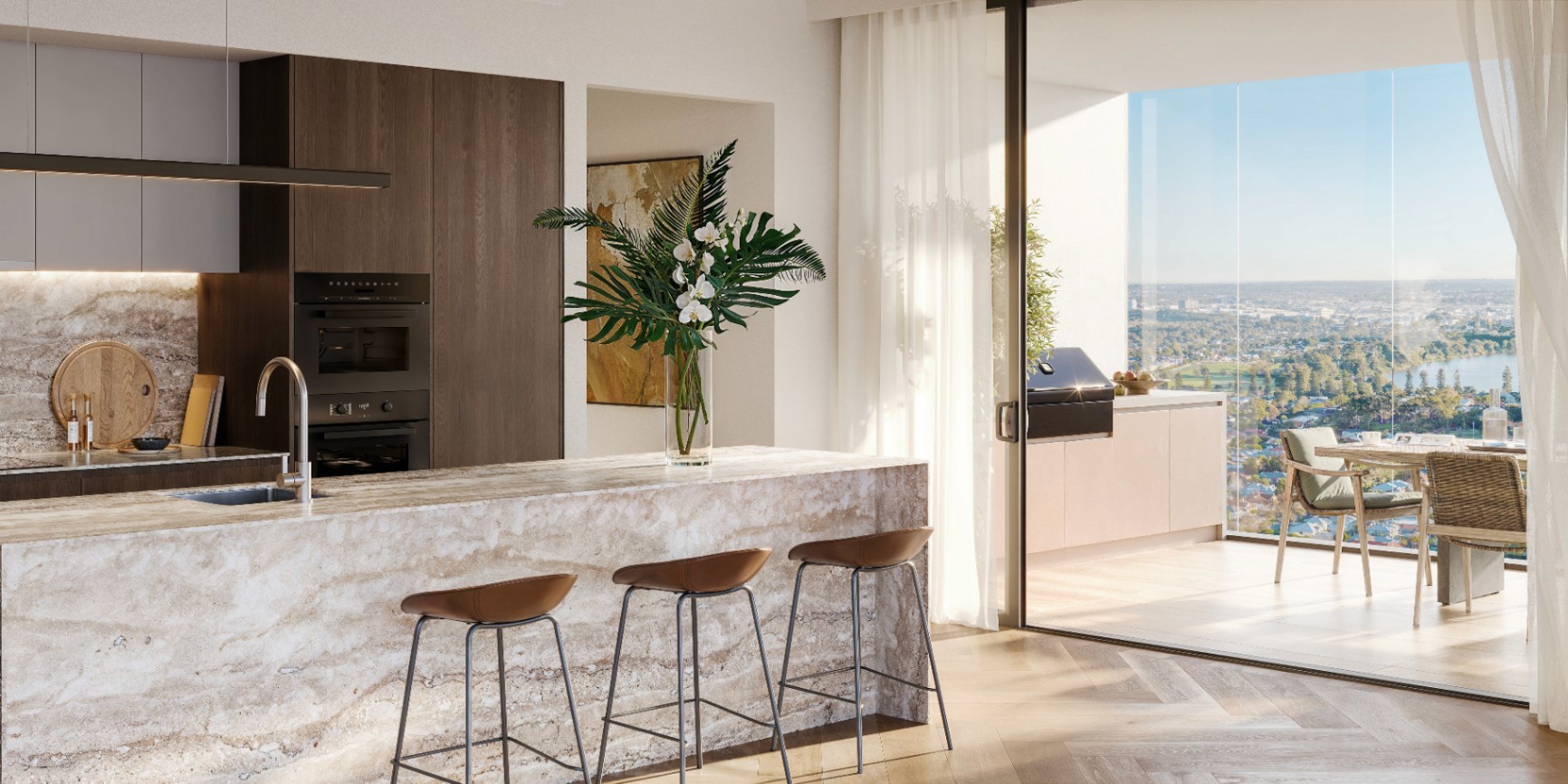 Modern One Oval Subiaco apartment kitchen with balcony views across Perth, secure with $10k and pay weekly with Coposit