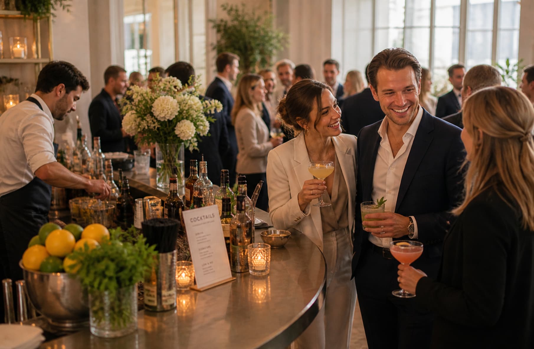 Gasten genieten van cocktails tijdens event met stijlvolle cocktailbar