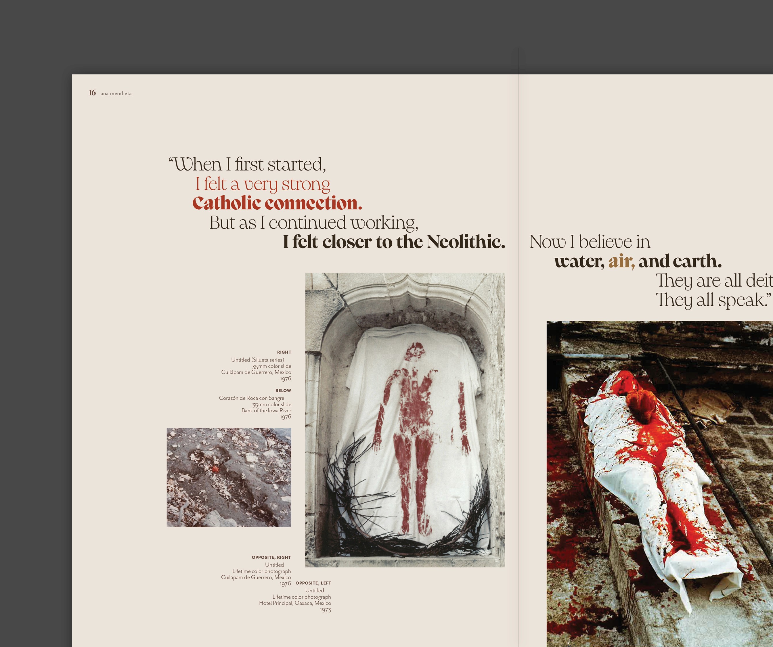 Book spread sample, utilizing contrasting type and indentation to create island-like forms with text rags around images.