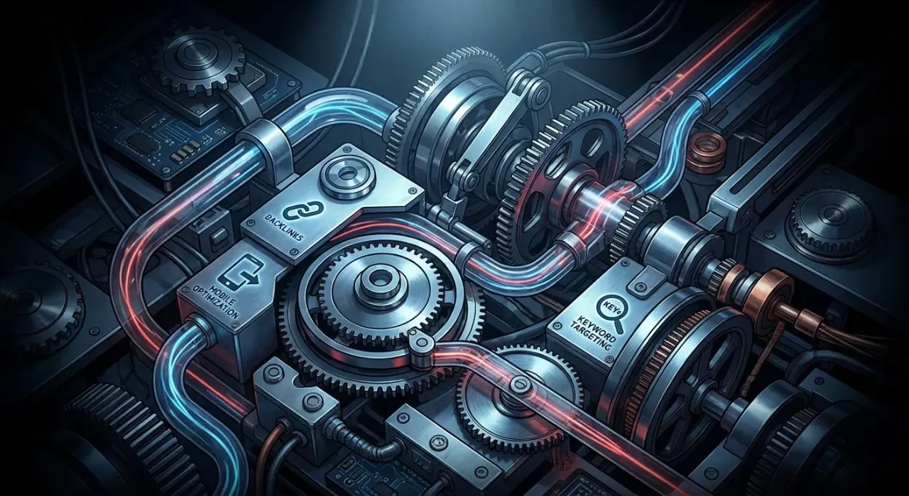 Intricate gears and circuits symbolize RockN' Socials Digital Marketing Agency.