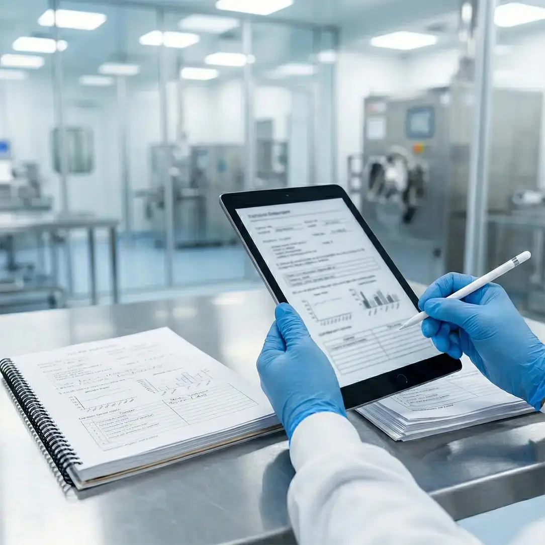 Close-up of a specialist's hands in blue cleanroom gloves using a stylus on a digital tablet to review validation data and compliance checklists in a pharmaceutical facility.