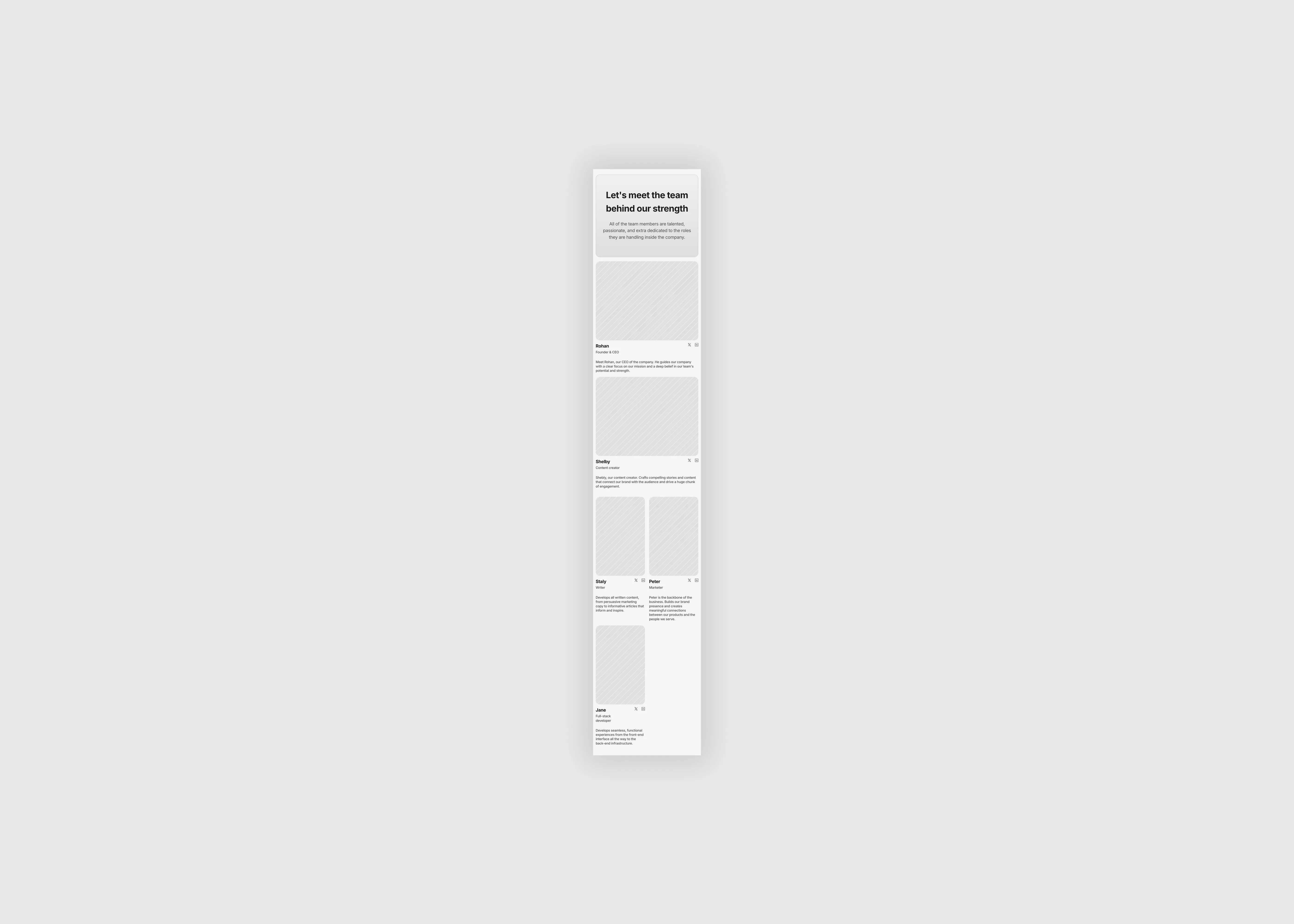 A clear and minimal light themed team page section optimized for mobile devices.
