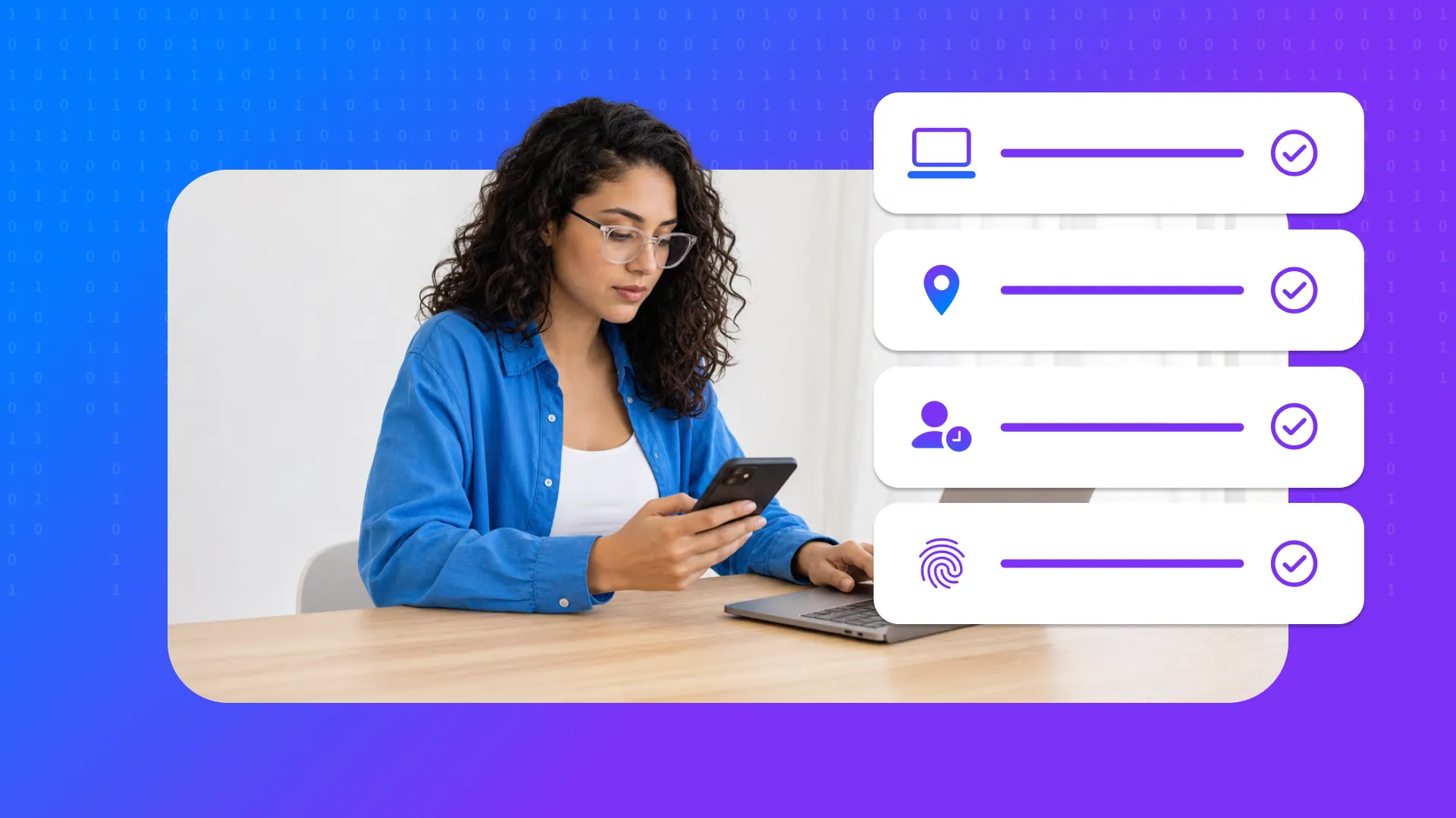 Illustration of a user with phone and laptop beside a checklist of access conditions (device, location, user, biometrics) being verified