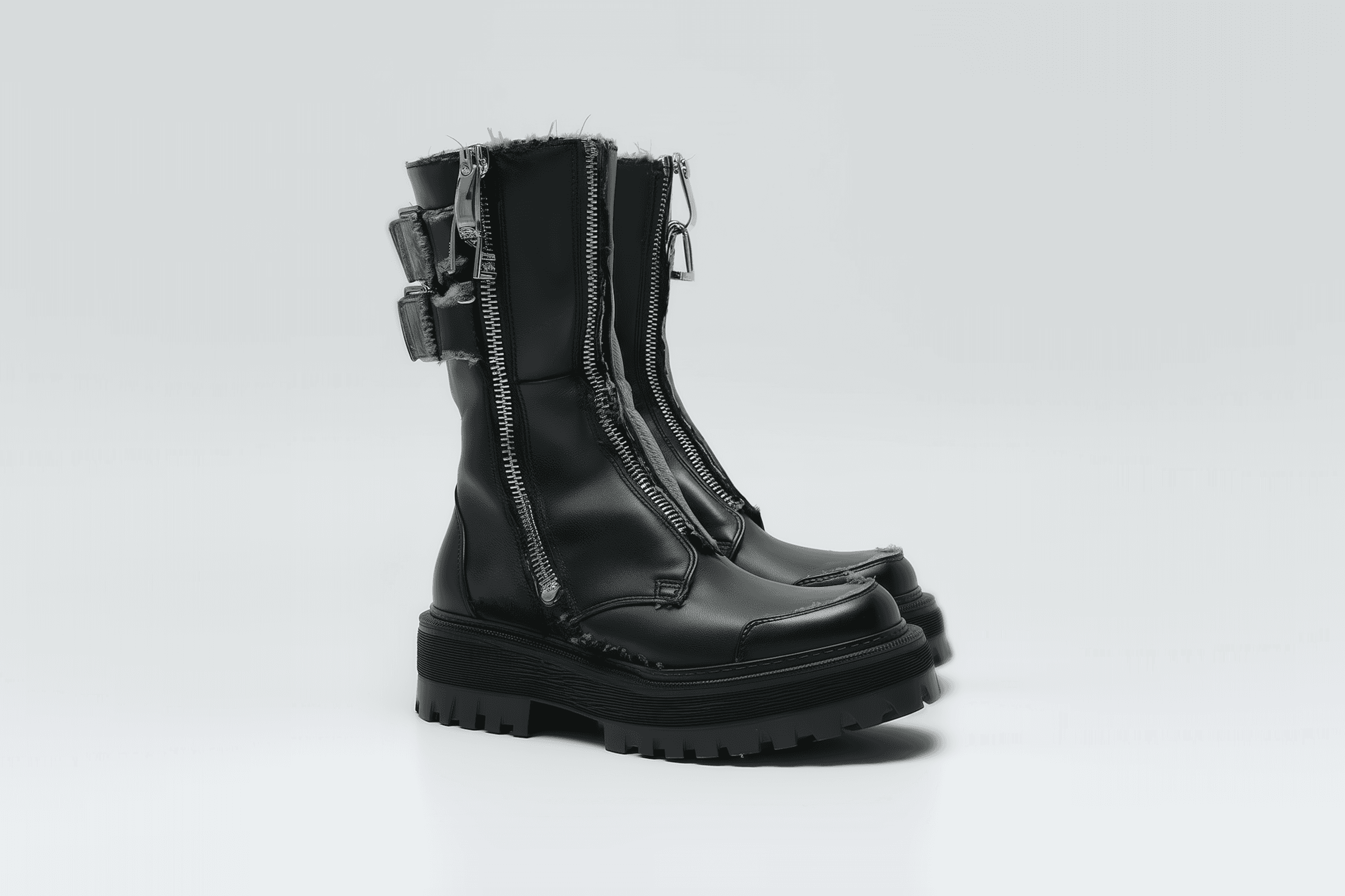 Stylish black leather boots with zippers, thick soles, and fuzzy lining, perfect for a bold and modern look.