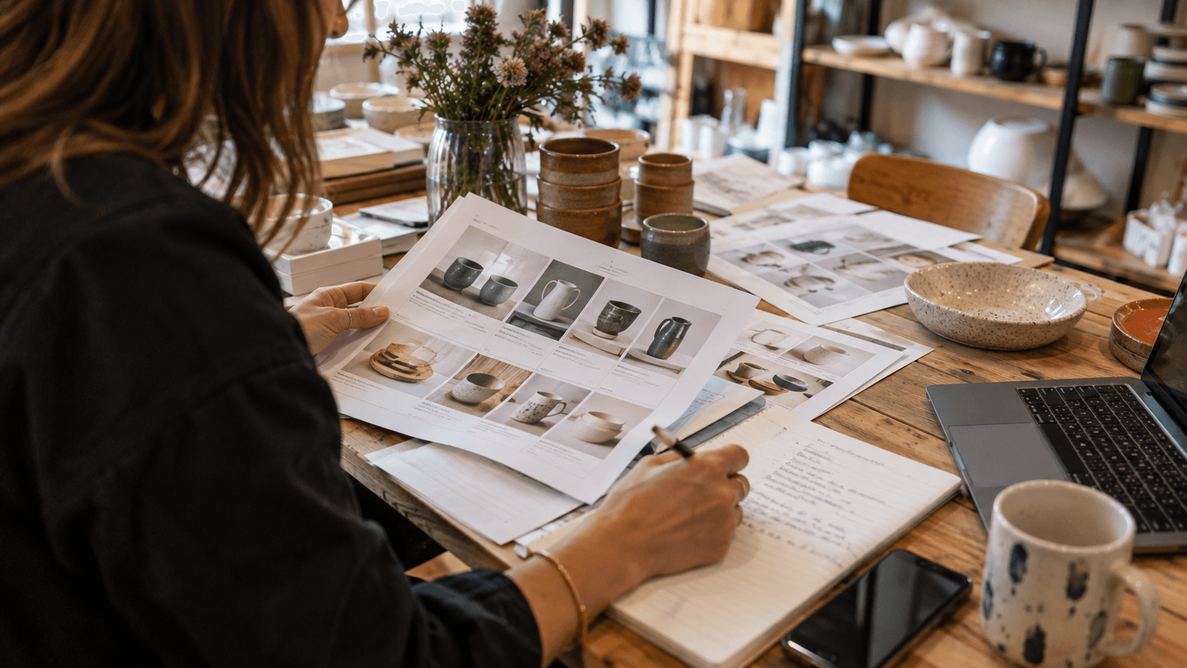 Independent retailer reviewing a wholesale product catalog and taking notes while comparing homeware products