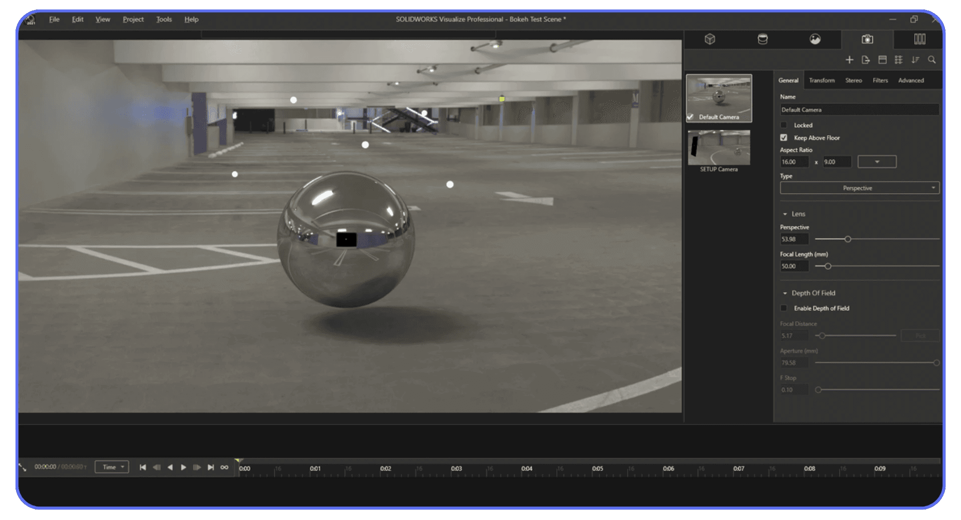 SolidWorks Visualize camera controls showing depth of field focus on a reflective chrome sphere in a parking garage scene.