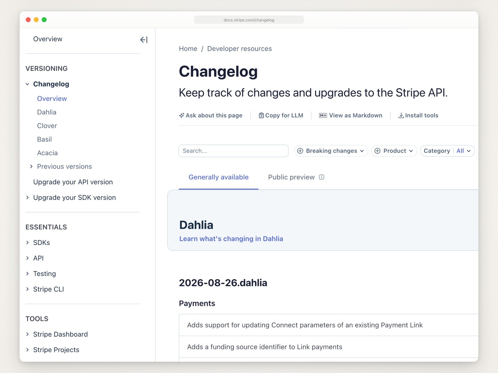 Stripe's API changelog page with a sidebar of named API releases, filters for breaking changes, product and category, and a table of one-line changes under version 2026-08-26.dahlia