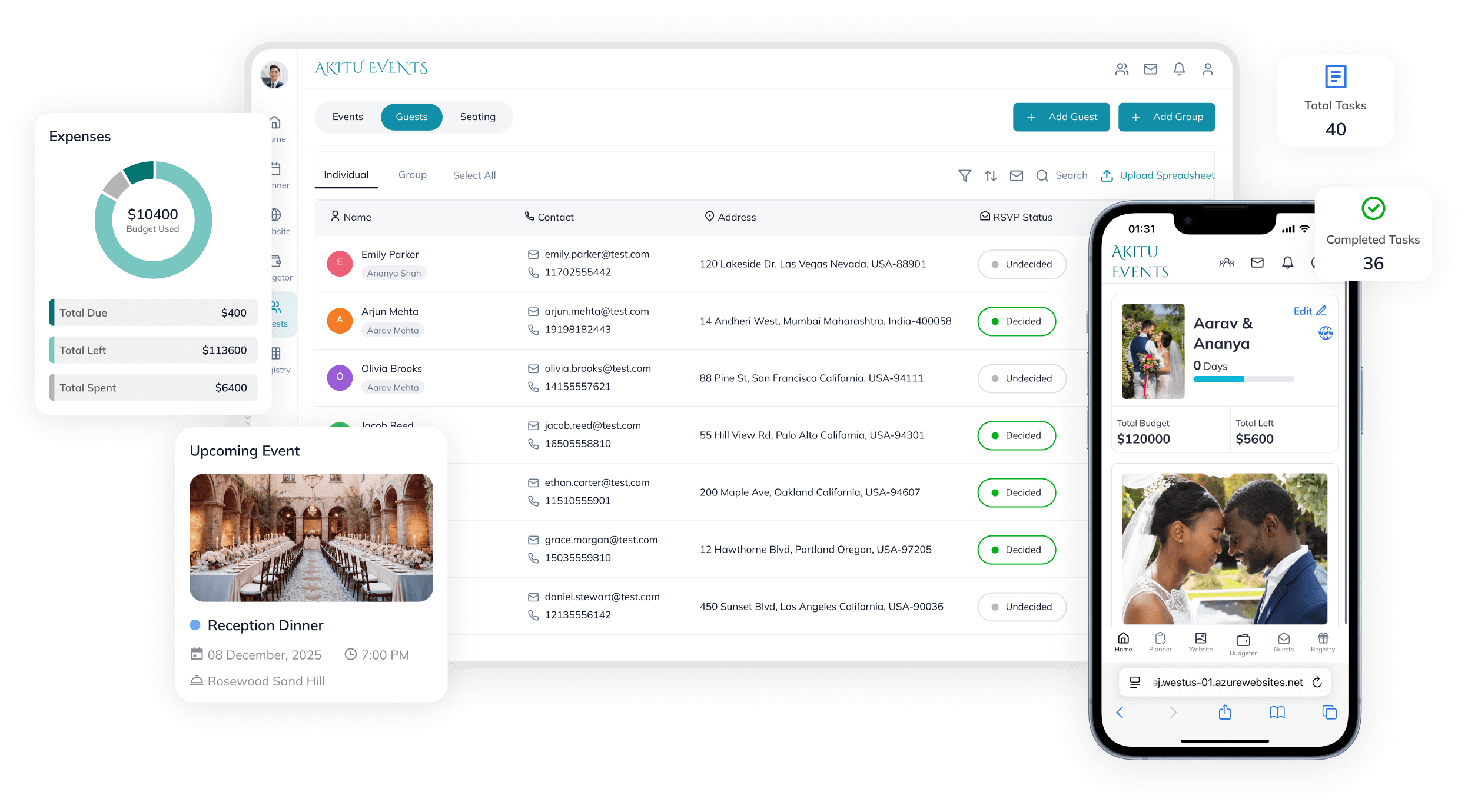 Full screen view of Akitu wedding management software interface