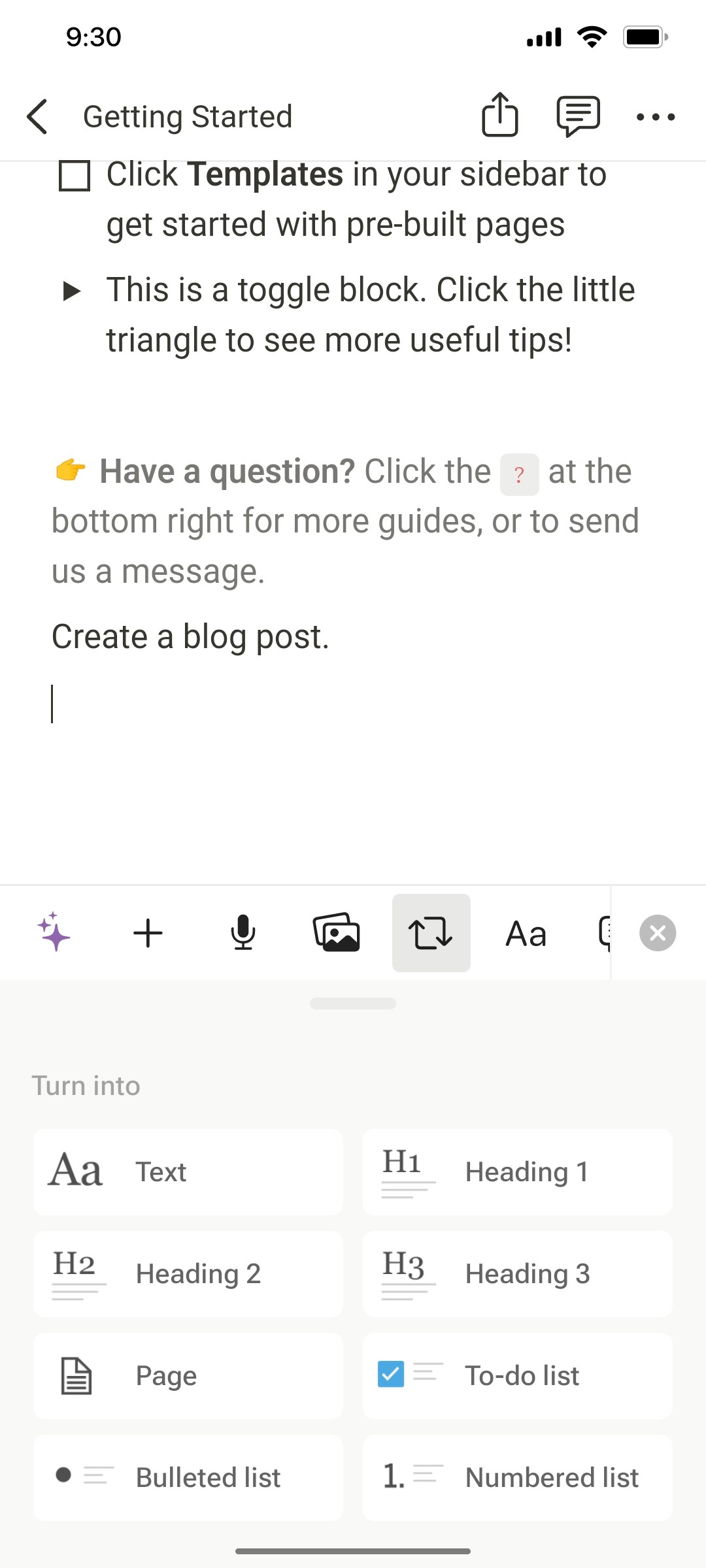 Notion App Text Type Screen
