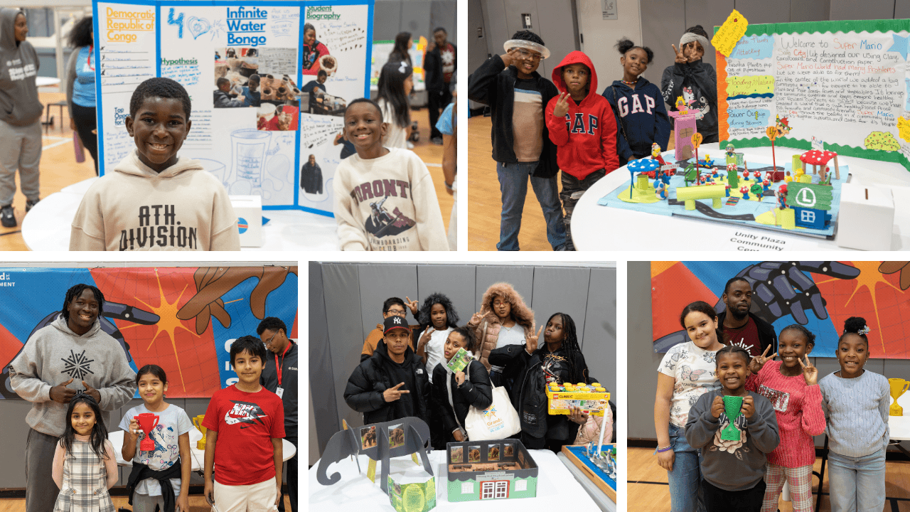 Collage of different Youth and teen participants displaying their project boards and diaoramas 