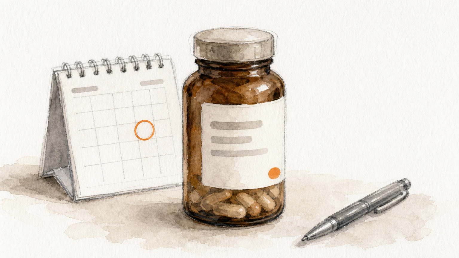 A supplement bottle stands beside a desk calendar with one circled date.