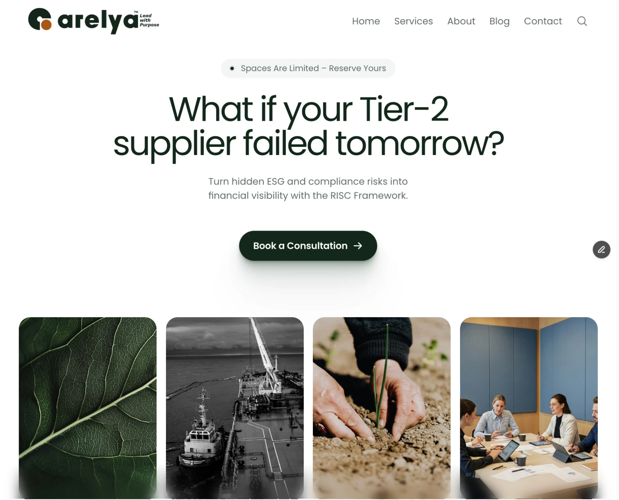 Page d’accueil de la plateforme Arelya dédiée à la gestion des risques ESG et à la conformité des chaînes d’approvisionnement.