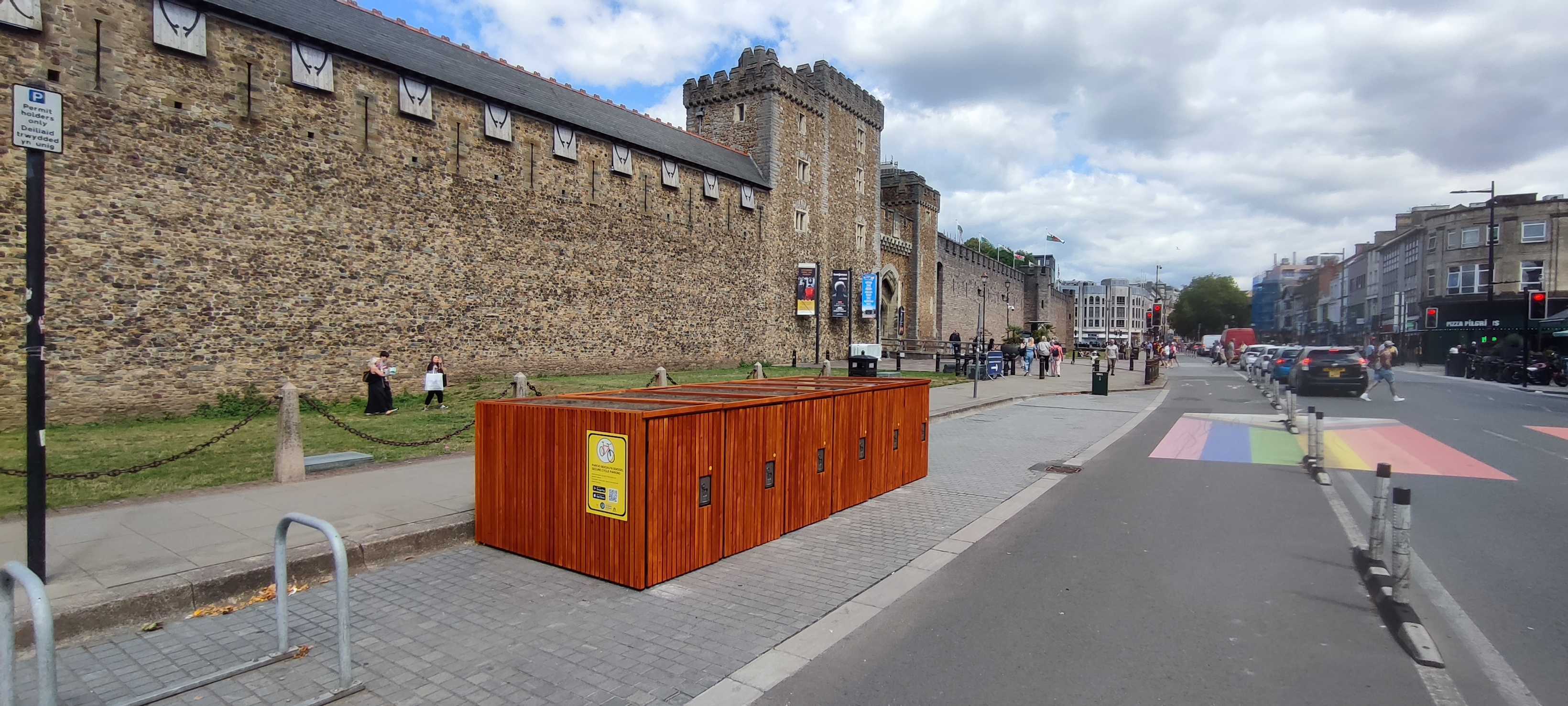 Spokesafe's outdoor cycle lockers at Cardiff Castle.