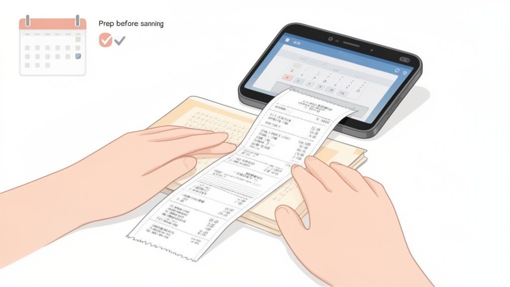 Hands scanning a long receipt with a smartphone showing a calendar app, next to a digital calendar.