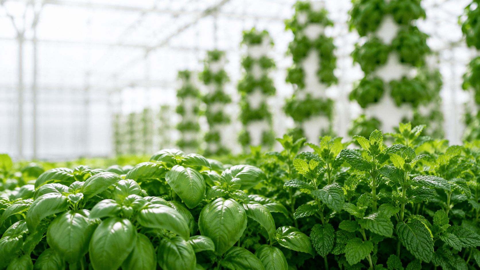 Clean high-tech European aeroponic greenhouse interior with rows of basil
