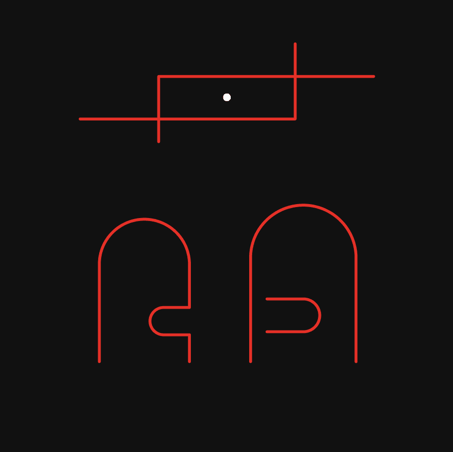 Simple line art of two stylised heads talking to each other. red lines on a black background.