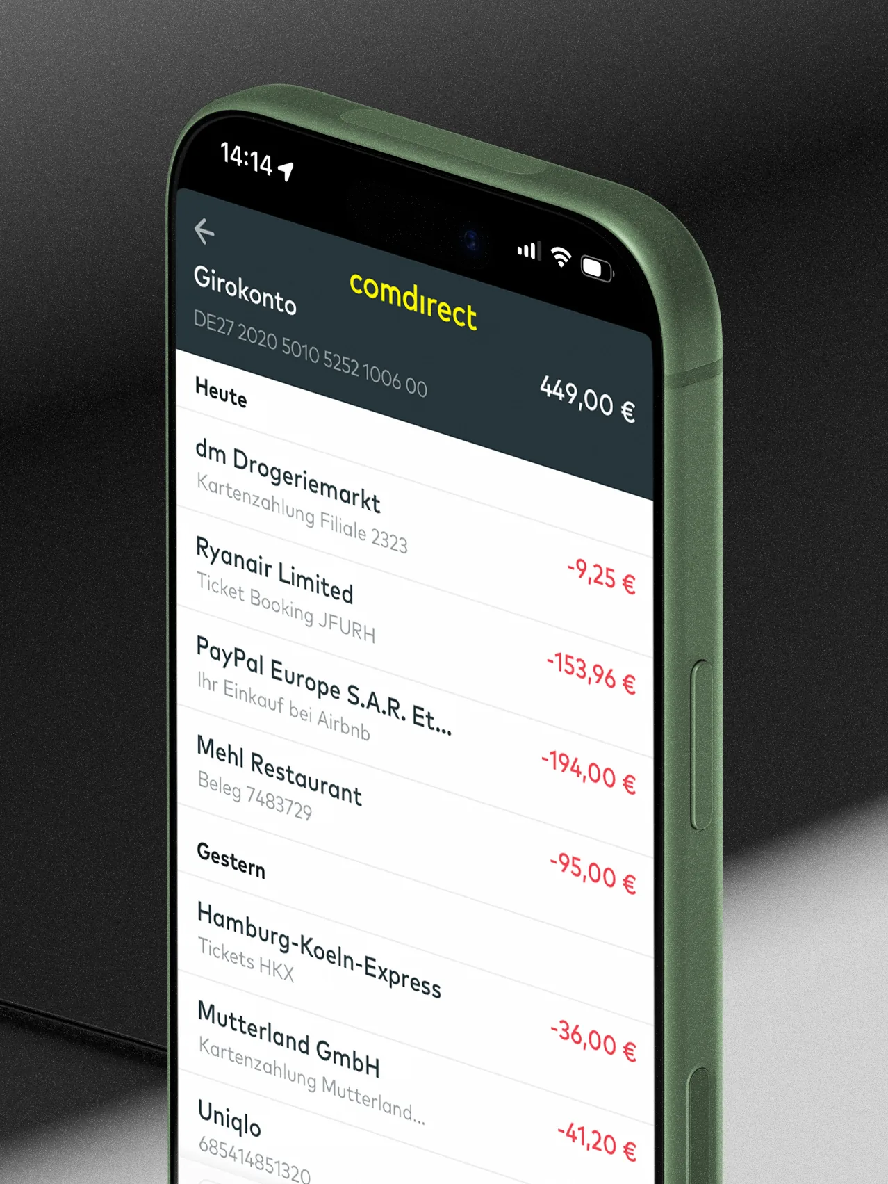 comdirect Banking-App mit Girokonto, Kontostand und Übersicht der aktuellen Transaktionen.