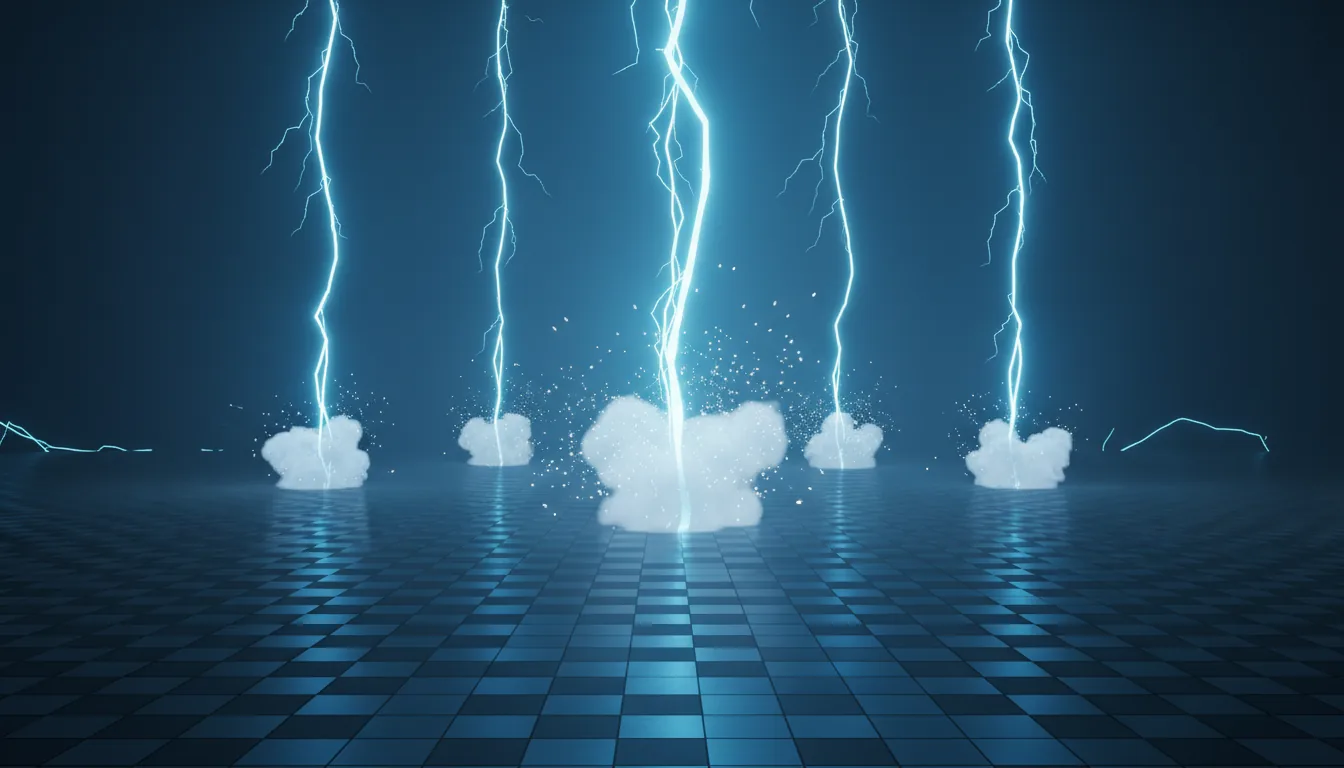 3D render of a real-time VFX scene in Unreal Engine, featuring several columns of stylized, jagged neon lightning glowing with intense cyan and electric blue light. The electrical arcs strike a dark grey checkerboard developer grid floor, generating small puffs of smoke and bright particle sparks at the impact points. The scene is enveloped in a soft blue volumetric fog, with soft global illumination emanating from the lightning itself.