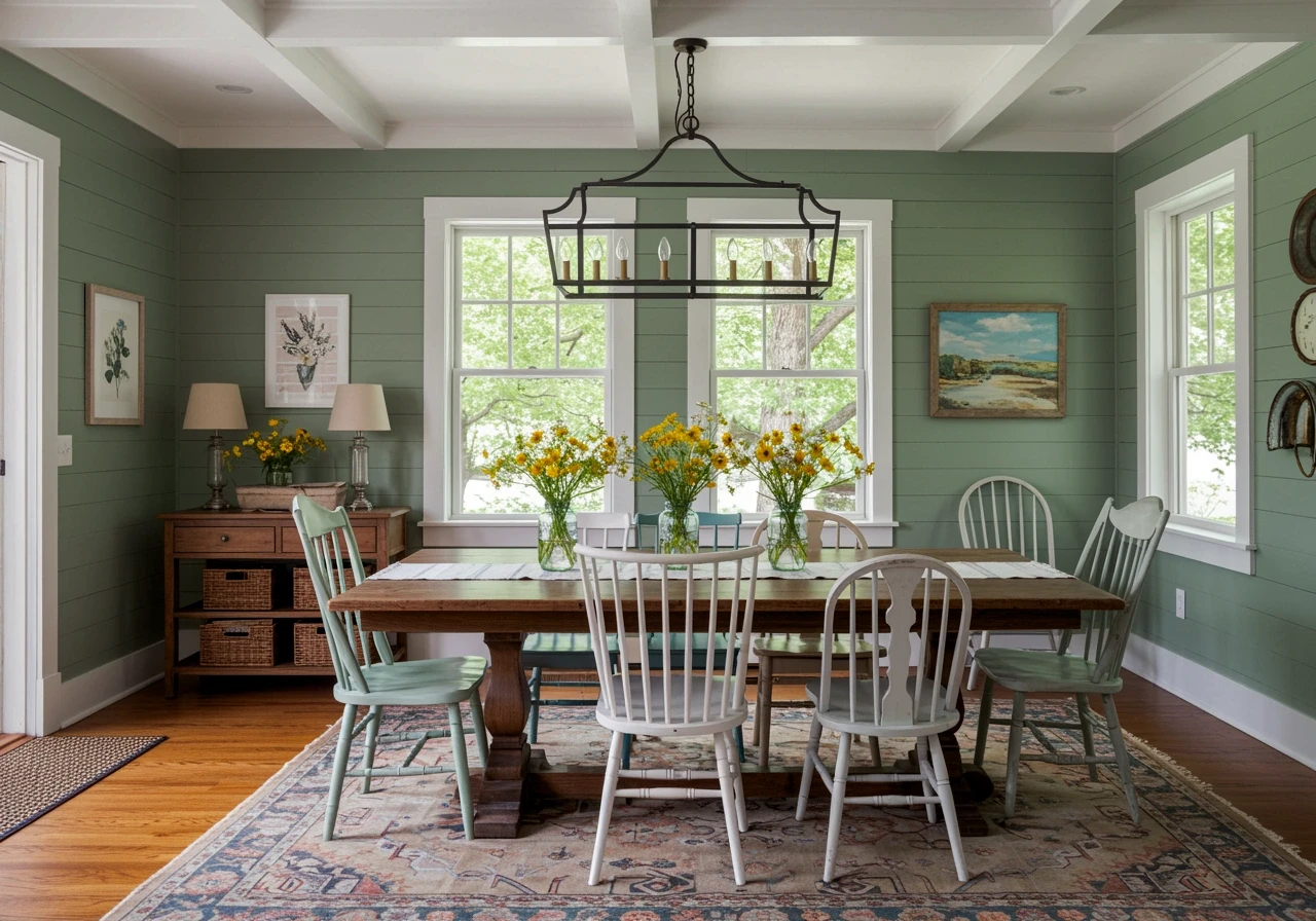 Farmhouse-style dining space with sage green walls, reclaimed wood furniture, and country charm