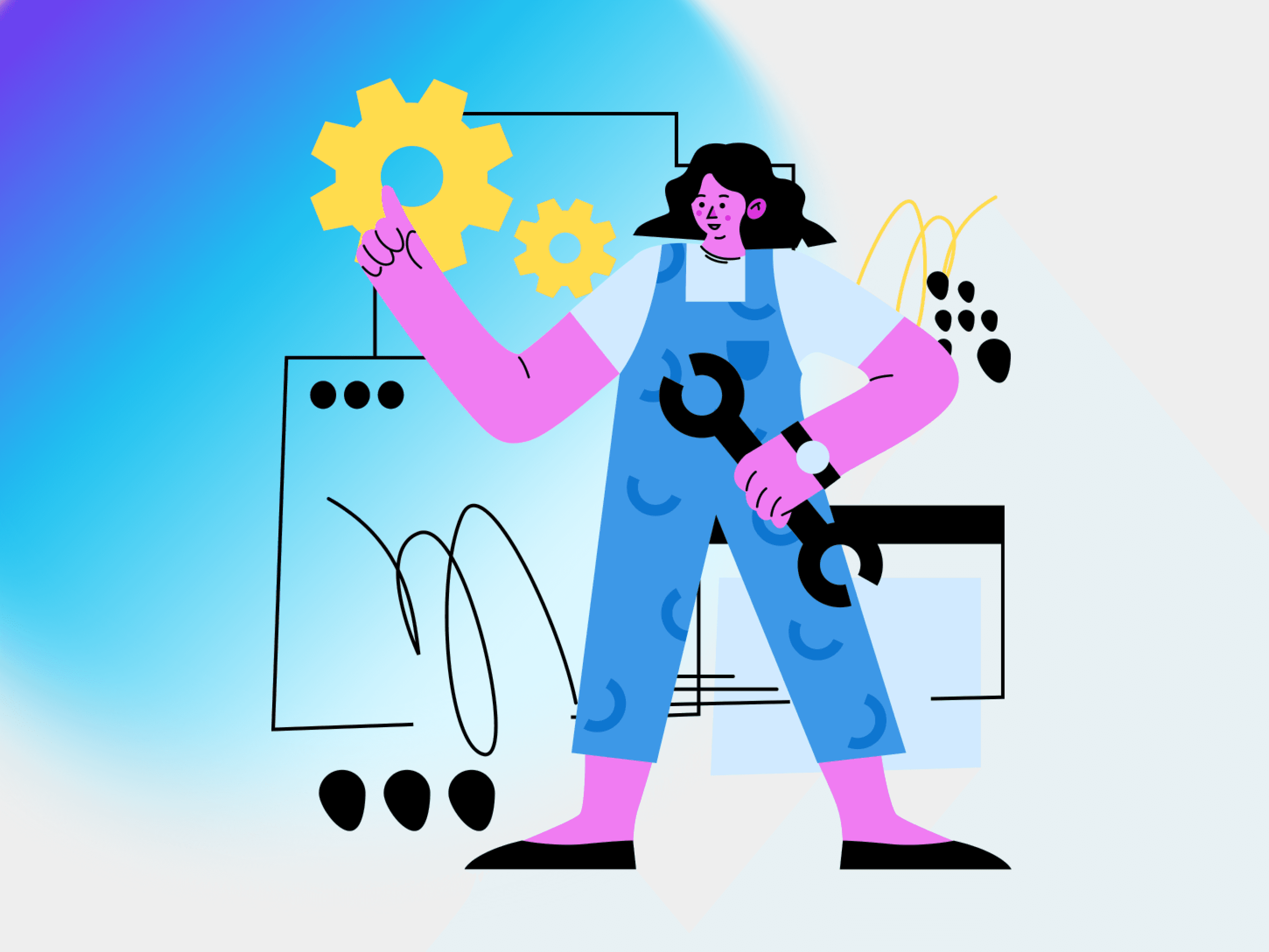 Thumbnail for the slmind.co blog post 'The Solo Strategist'. Illustration of a UX designer operating gears and wireframes, symbolizing strategic execution and technical skill for one-man design teams.