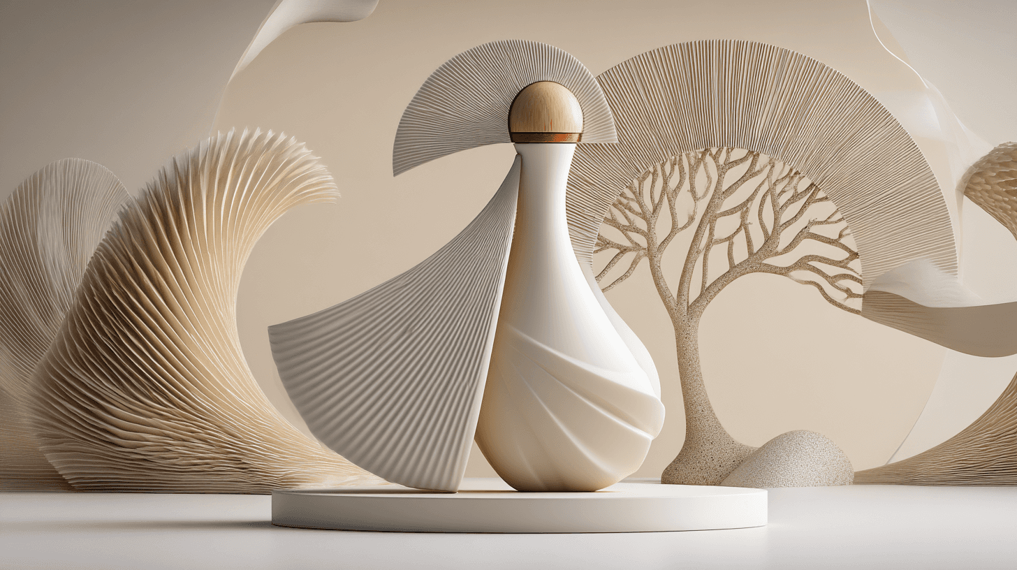 Plinth. The flacon set on a disc, the backdrop folded into a single blade.