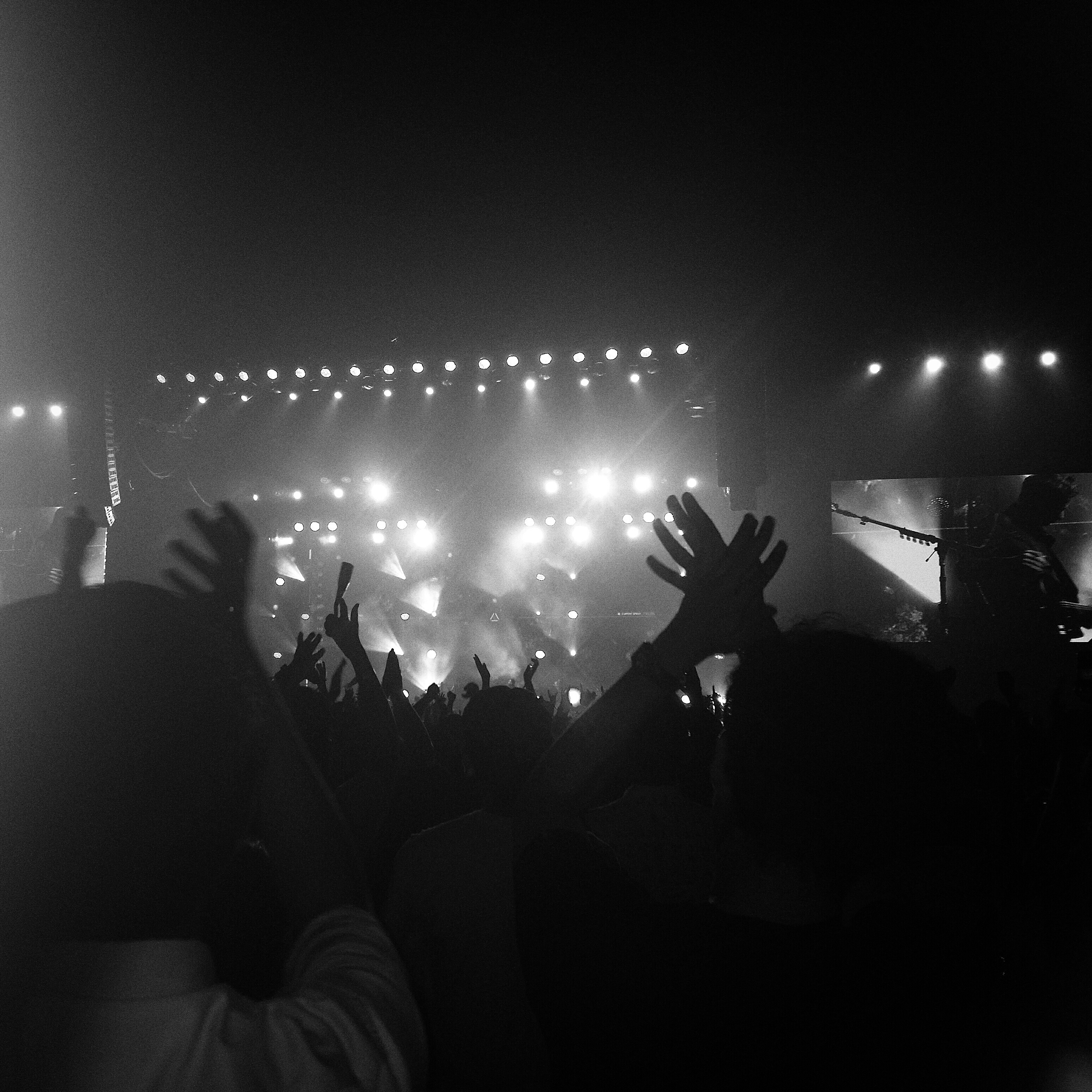 Audience with hands in the air at a concert.