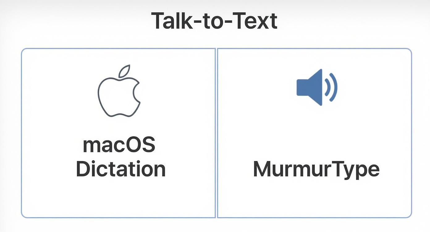 Infographic comparing macOS Dictation and the MurmurType app for Macbook talk-to-text