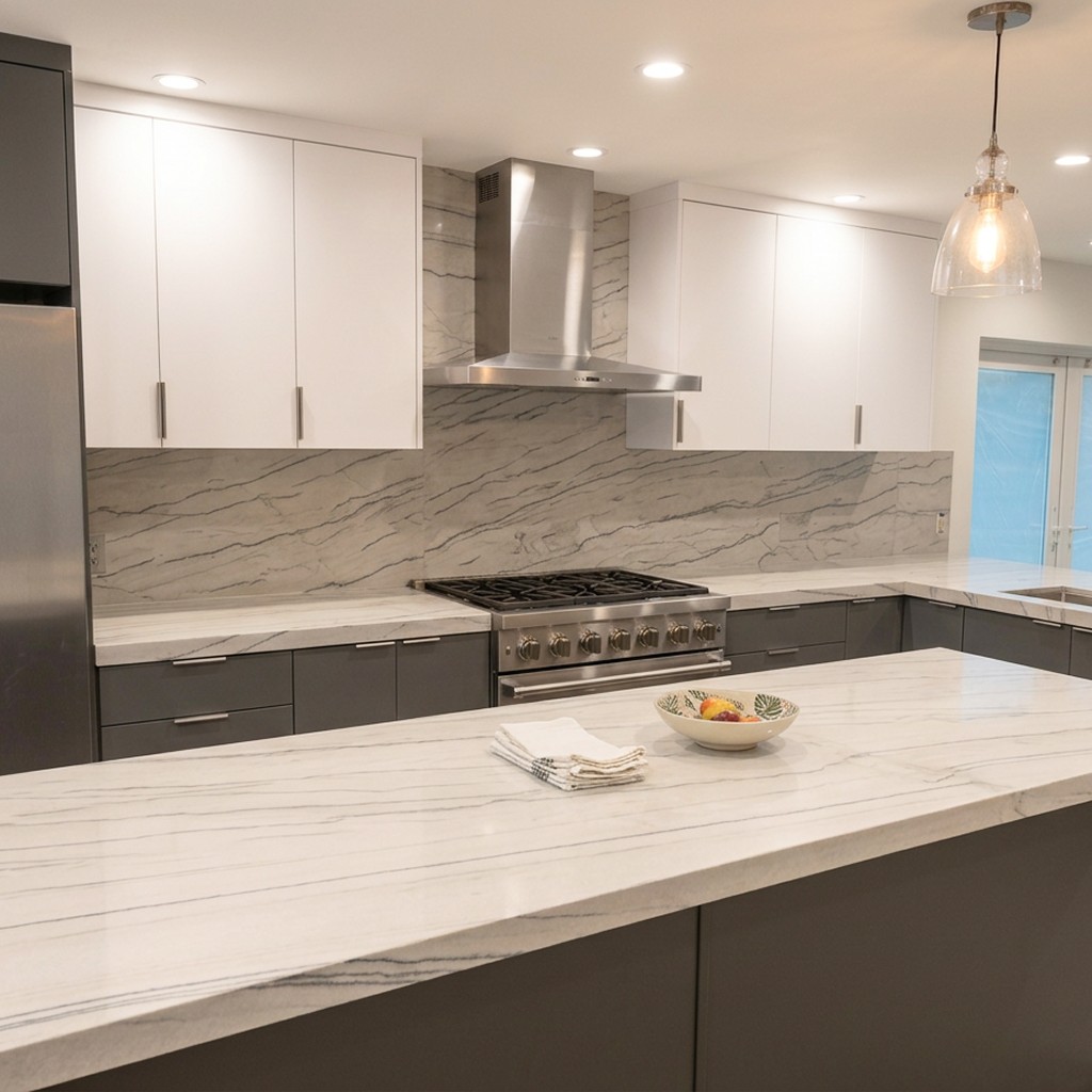 Yosemite leathered quartzite backsplash and island with long linear veining