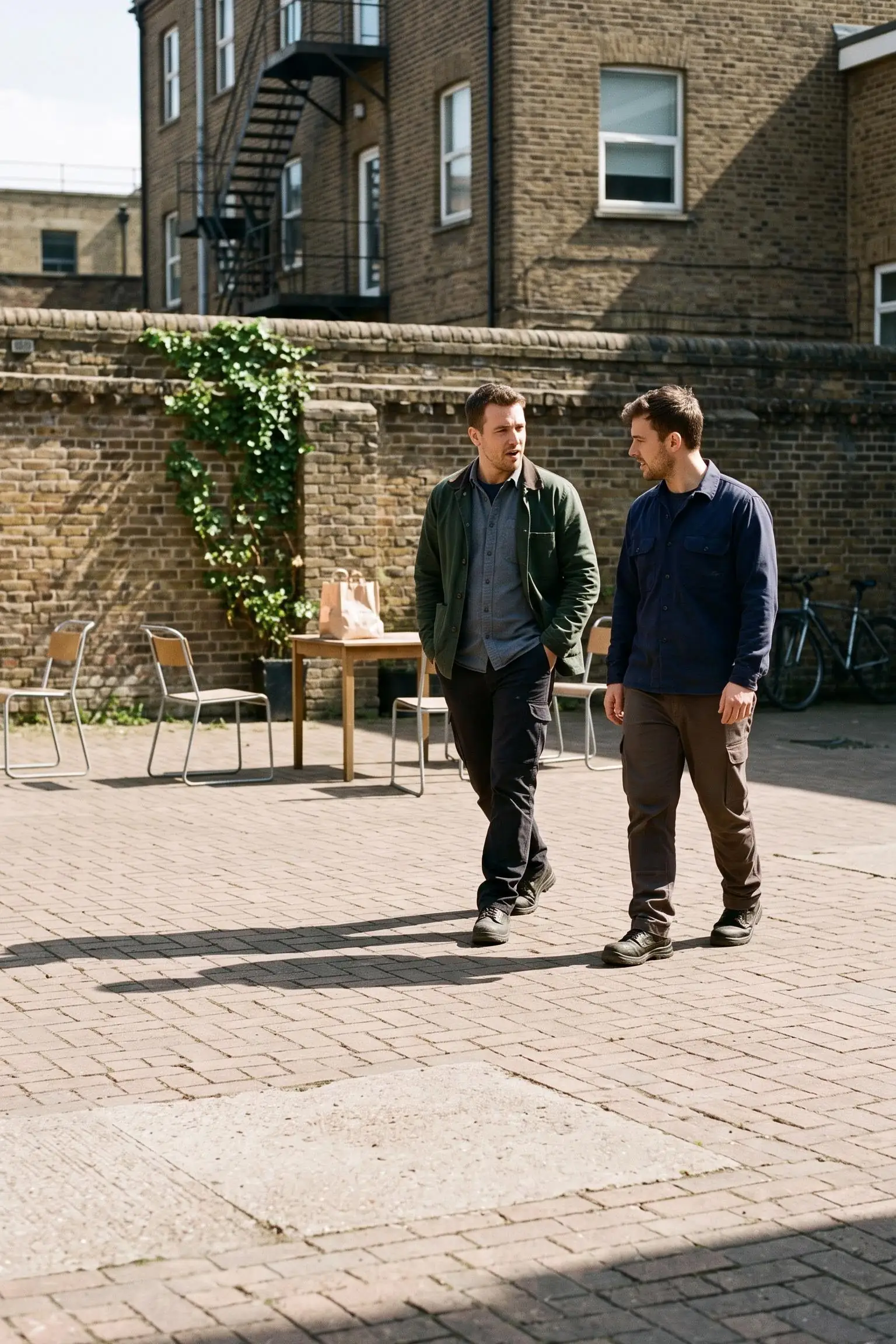 Two colleagues walking together across a paved courtyard after lunch, talking, in bright sun