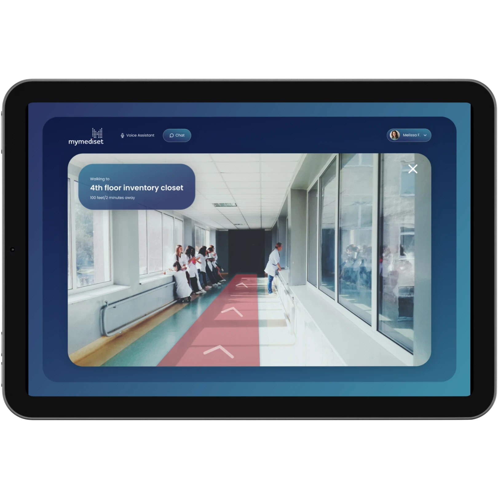 Tablet interface showcasing a medical communications app with wayfinding tools and inventory management features for hospital staff.