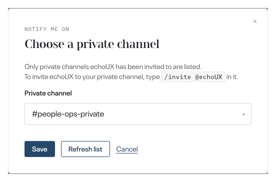 the Choose a private channel dialog, demo account · one private channel selected, with Save and Refresh list