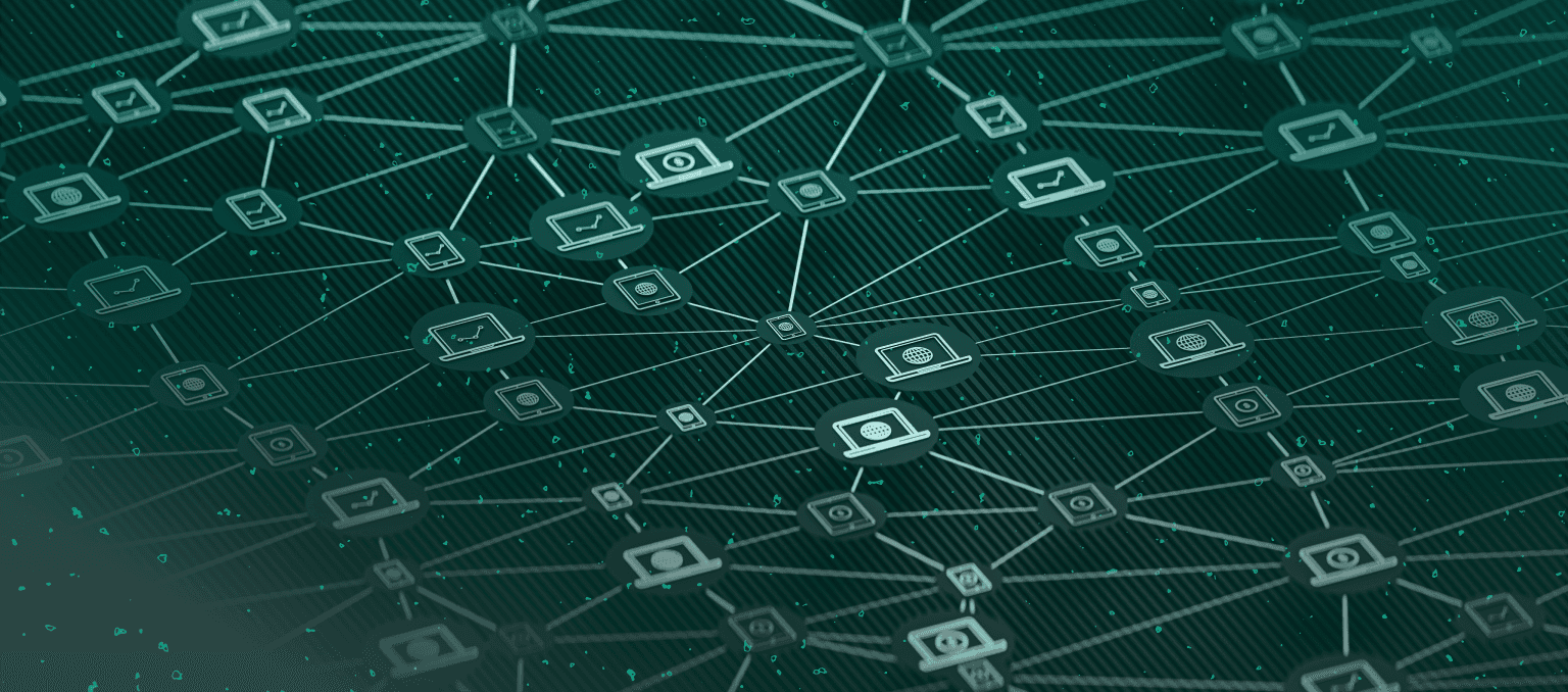 Illustration of a connected digital ecosystem with linked devices, dashboards, and data nodes representing Microsoft Dynamics 365 as a centralized CRM and email marketing platform.