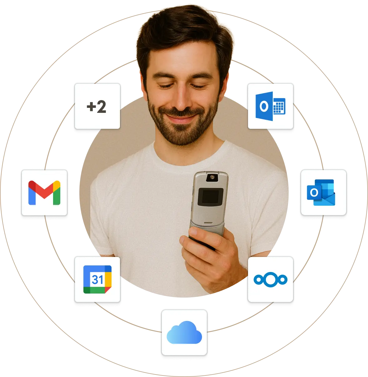 Man looking at a flip phone, surrounded by icons of communication and productivity channels.