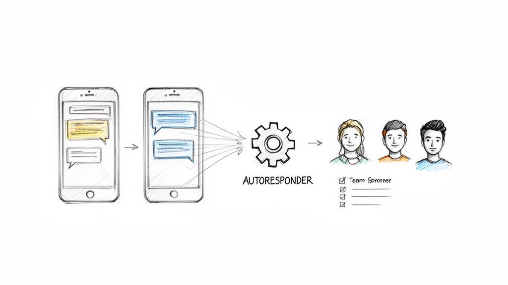 Diagram showing a mobile chat message processed by an autoresponder and then distributed to a team.