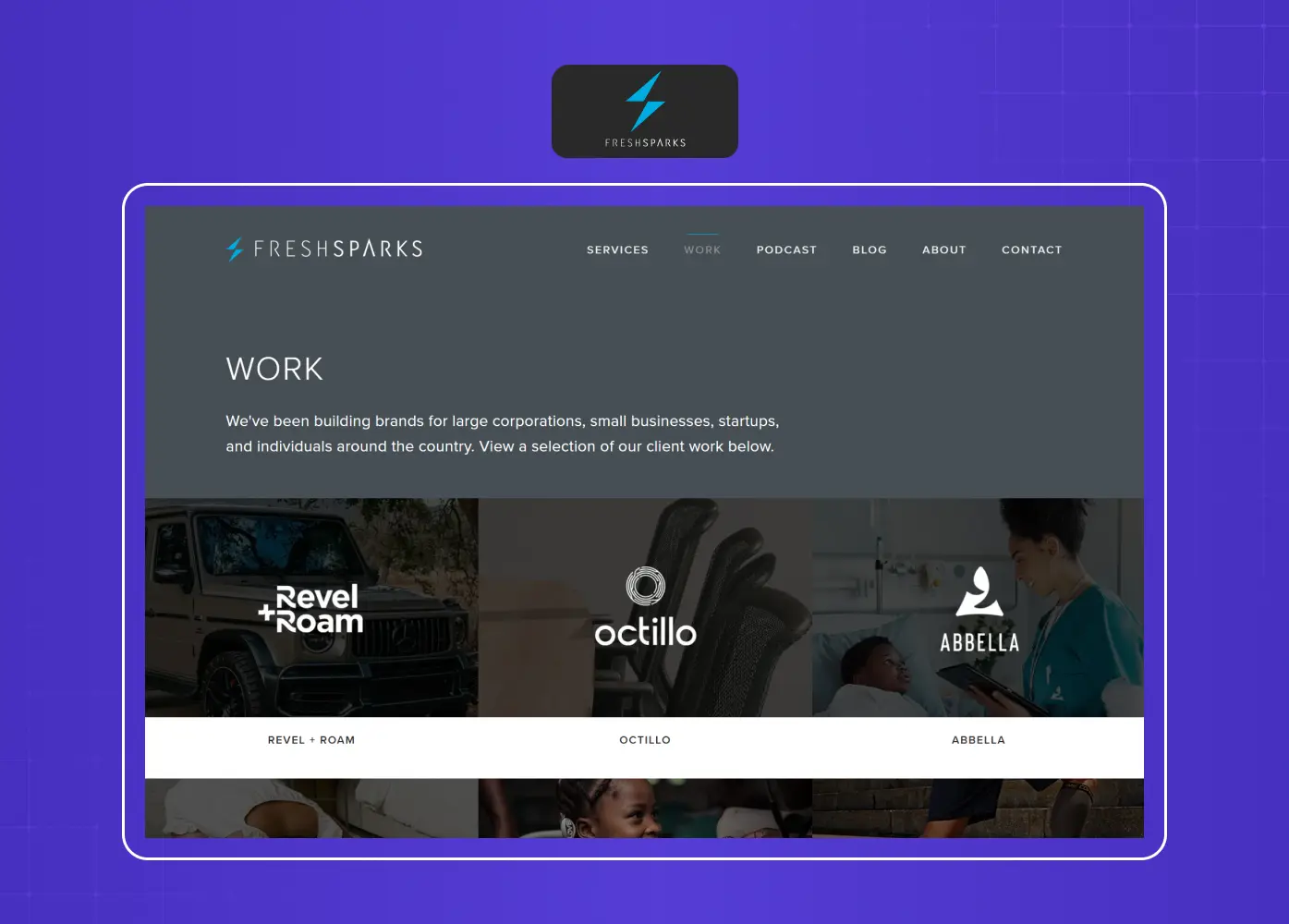 Agency work showcase featuring client branding and digital projects presented in a clean portfolio layout.