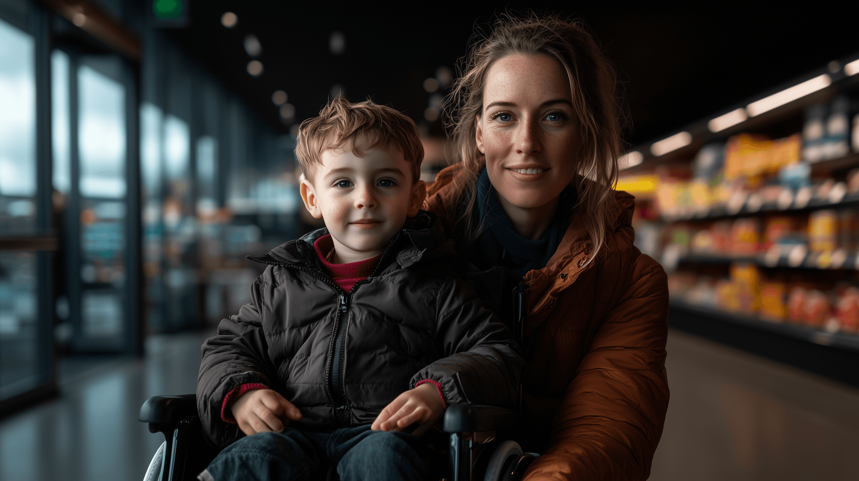 Caring nanny with a child in a wheelchair at a grocery store, highlighting United Nannies' inclusive childcare.