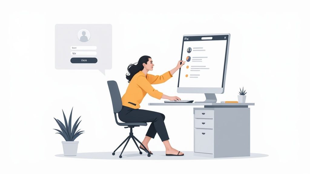 An employee collaborating with a colleague in a modern office environment