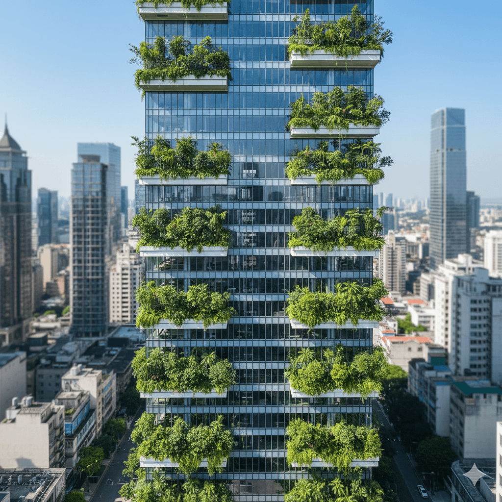 Sustainable skyscraper design featuring vertical gardens and lush biophilic architecture