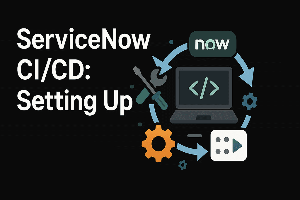 “Black background with the text ‘ServiceNow CI/CD: Setting Up’ beside an illustration of a laptop, tools, gears, and arrows representing the CI/CD process.