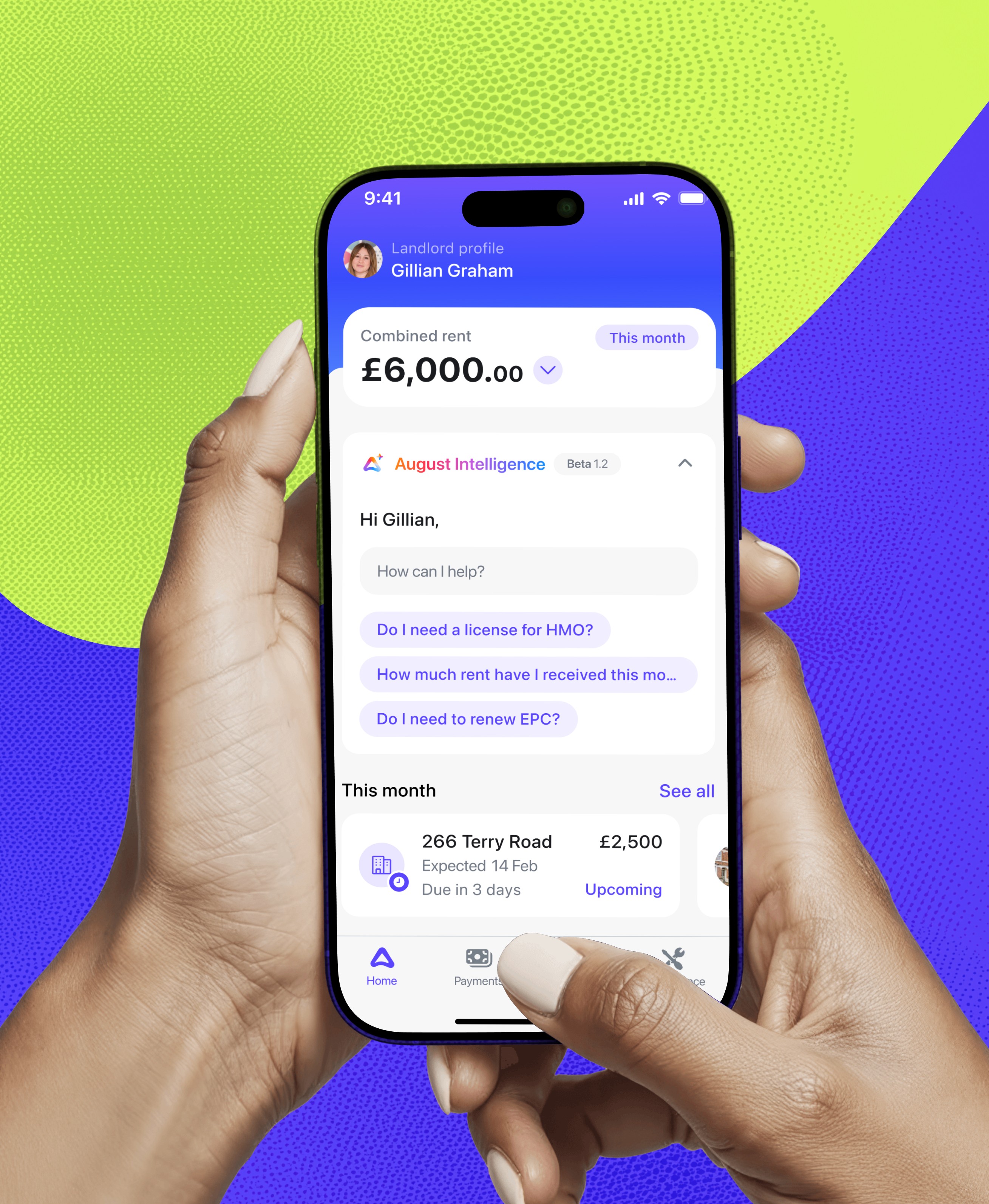 August AI property assistant showing tenancy Q&A conversation on iPhone with rent balance of £6,000