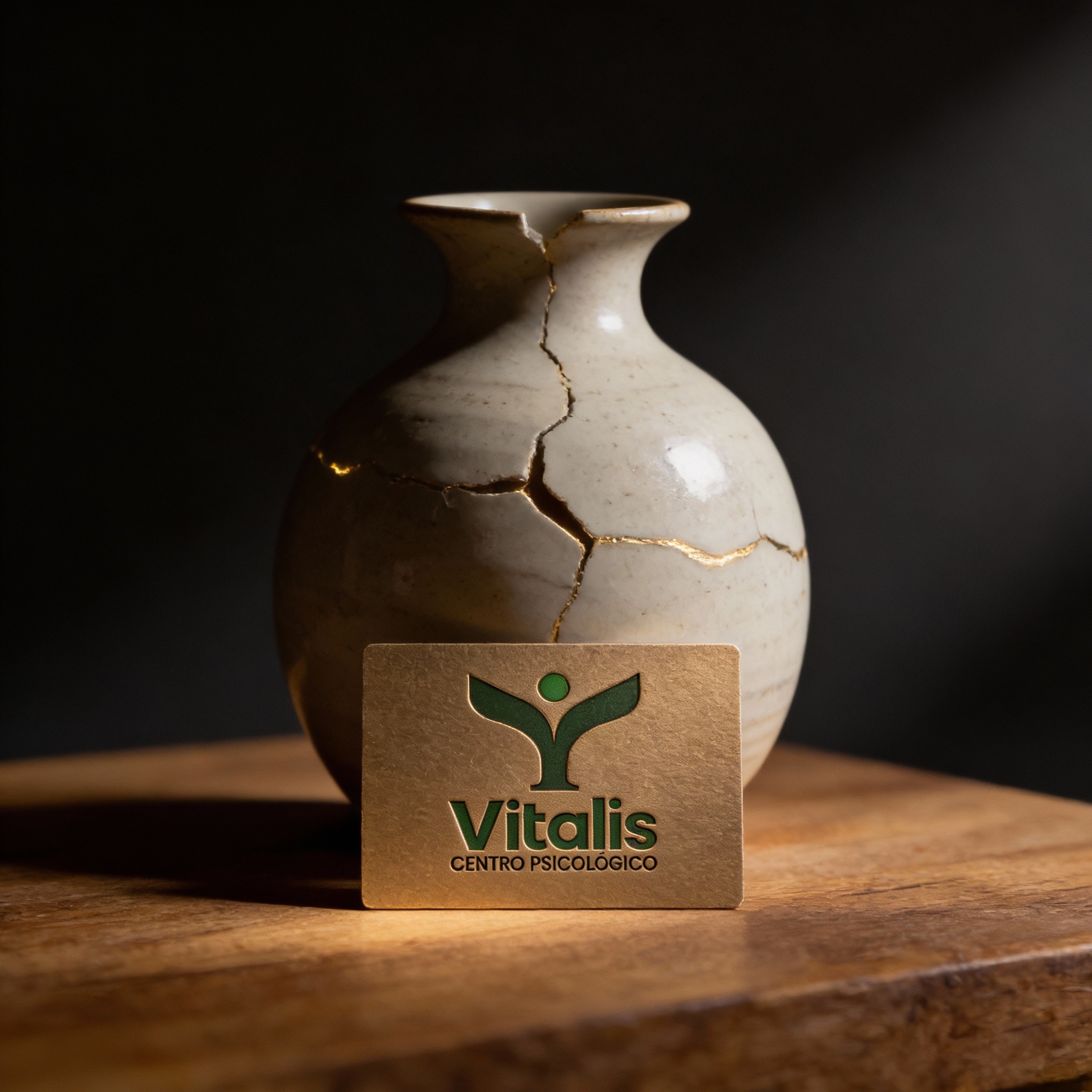 Jarrón Kintsugi reparado con oro y tarjeta de Centro Vitalis.