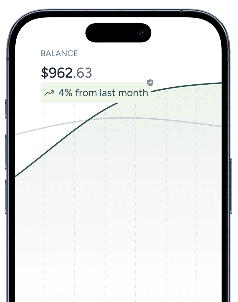 A close-up of a smartphone screen displaying a mobile app with a line graph and signal strength indicator of financial savings to build financial wellness for hourly workers. 