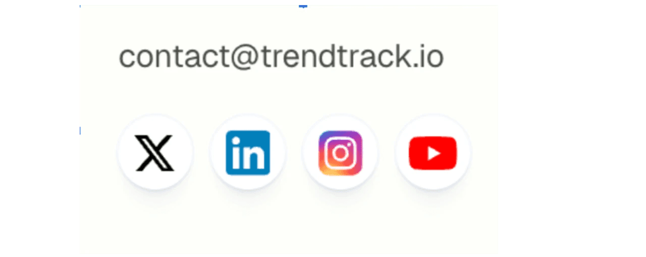 Support page showing contact@trendtrack.io and social media icons.