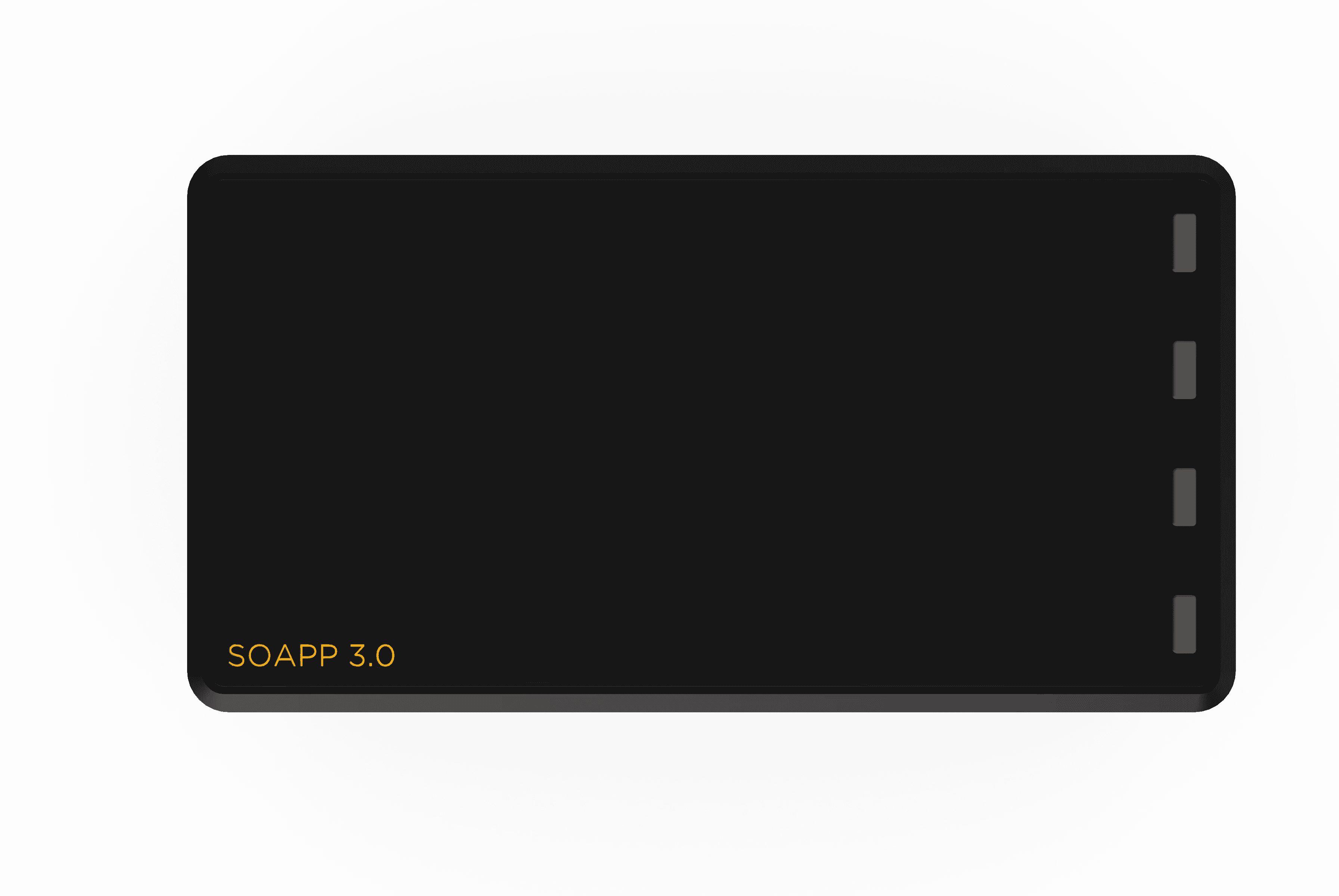 Top view of the Riff MIDI Link control station in matte black plastic, featuring the SOAPP 3.0 logo on top, on a transparent background.