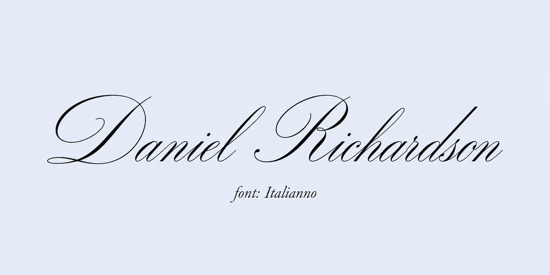 Sample name signed in a cursive signature font on a light background, with the font name labeled below.